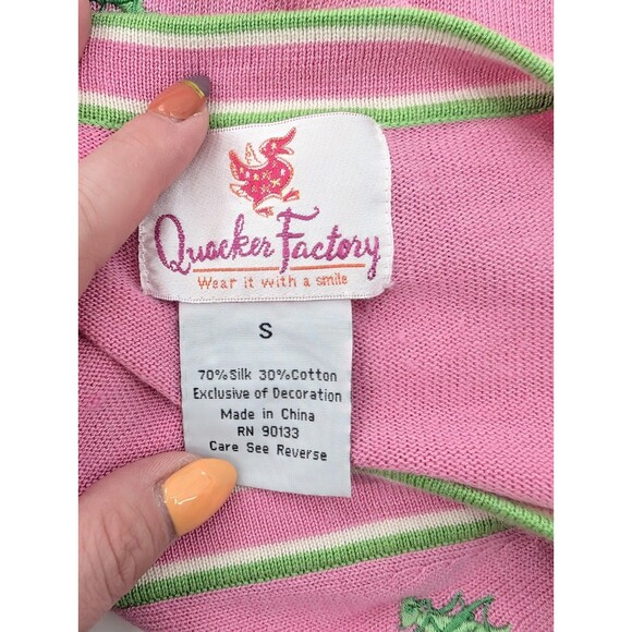 Quacker Factory Pink Silk Cotton Green Grasshoppers Cardigan Sweater Size Small - Picture 3 of 8